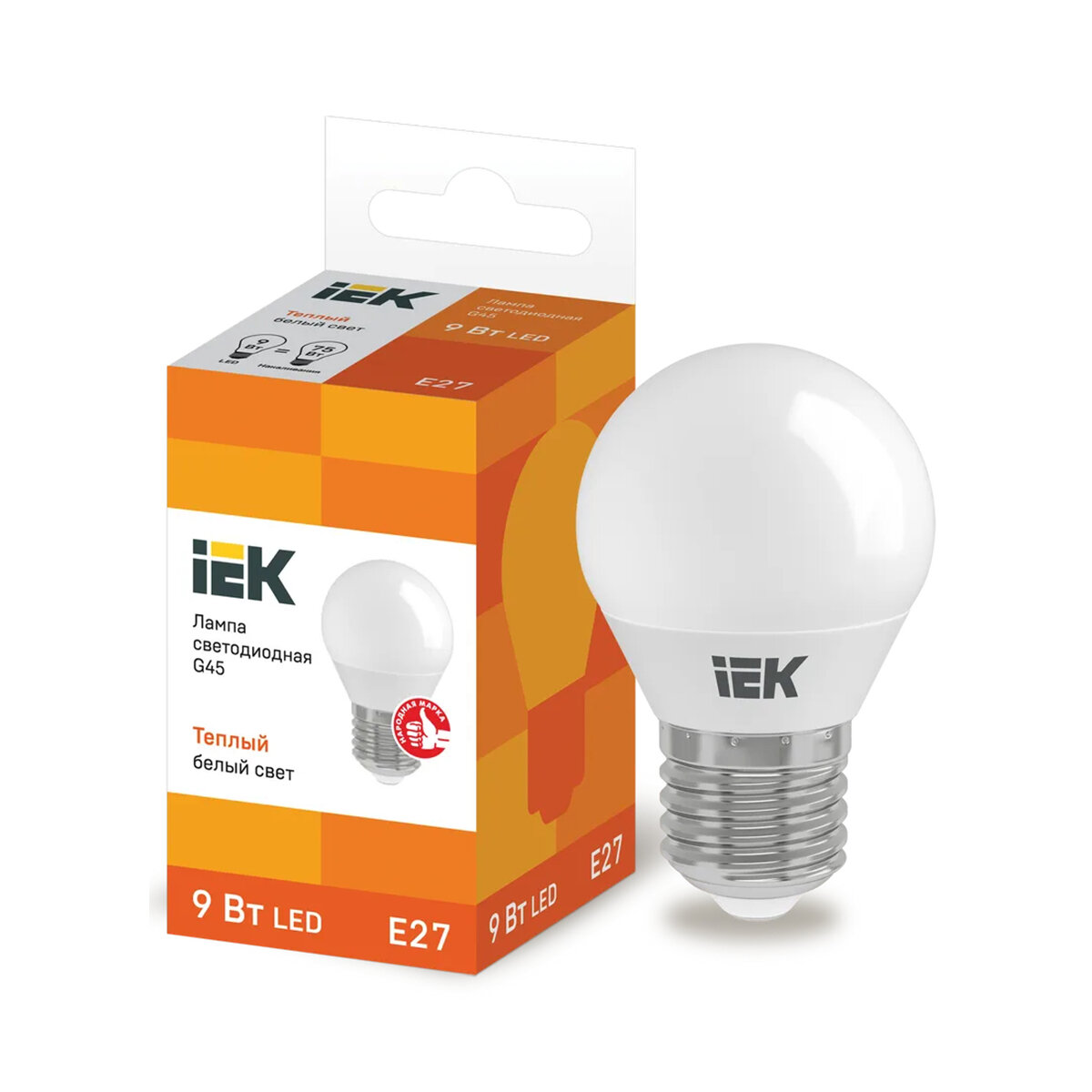 Лампа светодиодная LED IEK Шар, E27, G45, 9 Вт, 3000 K, теплый свет