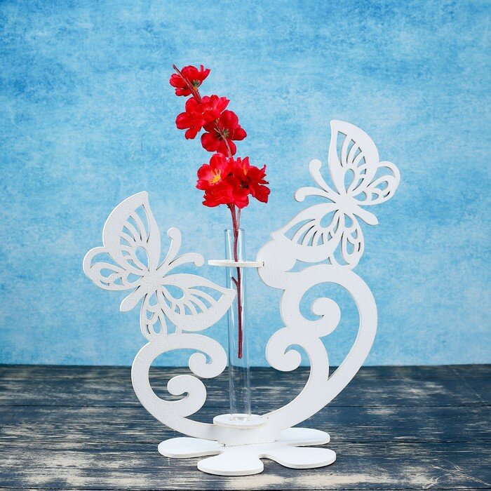 фото Кашпо деревянное 13.5×13×26.5 см с 1 колбой "Бабочки", белый Дарим Красиво