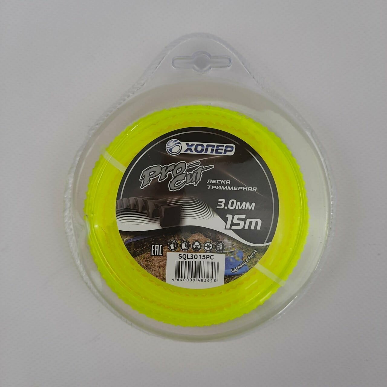 фото Леска для триммера 3.0 мм 15 метров, форма цепной зуб желтая Хопер PRO-CUT