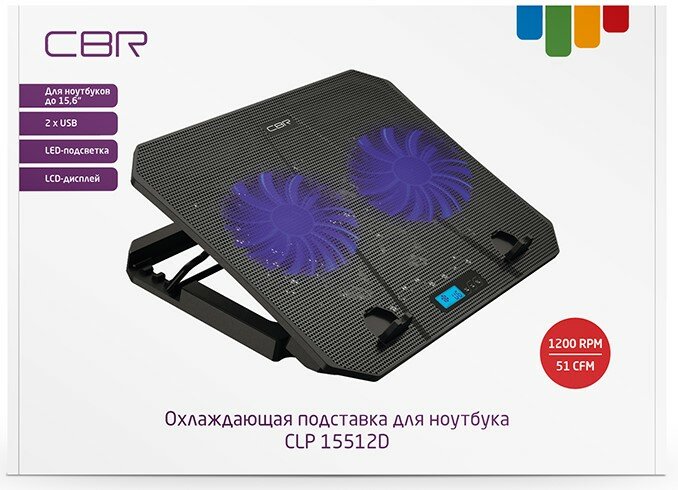 Охлаждающая подставка для ноутбука CBR CLP15512D до 15.6", 2 вентилятор, 2x USB, LED-подсветка, LCD-дисплей, алюминий + пластик