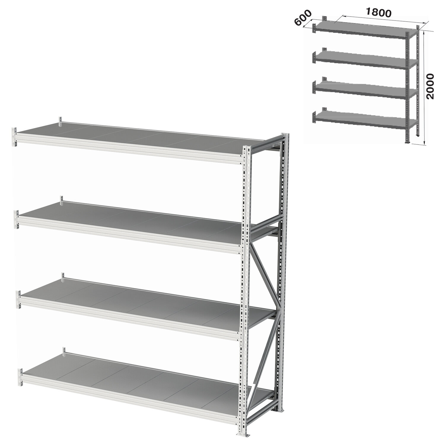 Стеллаж металлический (приставная секция) практик "MS Pro", 2000х1800х600 мм, 4 полки (комплект) - фотография № 1