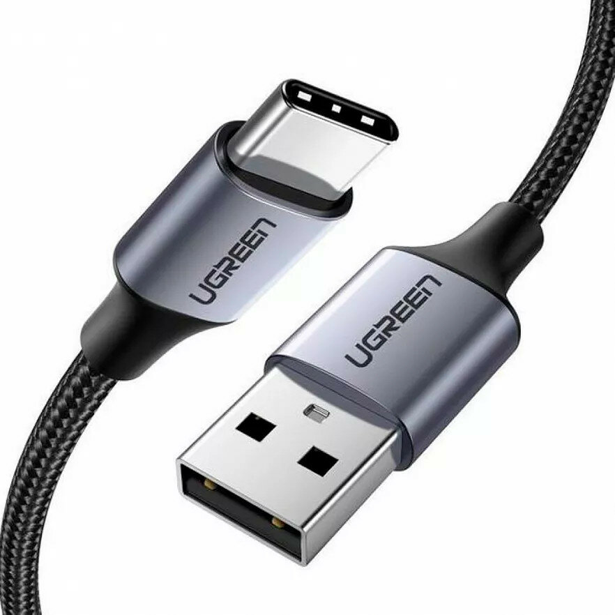 Кабель UGREEN US288 (60128) USB-A 2.0 to USB-C Cable Nickel Plating Aluminum Nylon Braid (2 метра) чёрный/серый космос