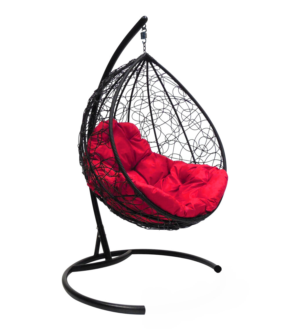 Подвесное кресло "Капля" в ротанге черное с красной подушкой