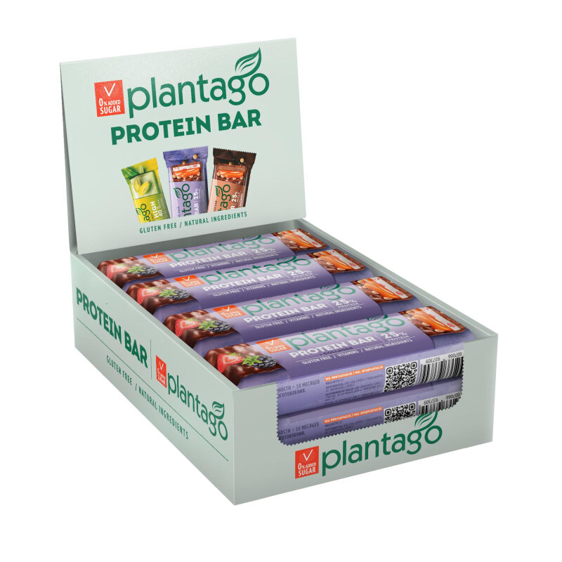 Батончик Plantago Ягодный пай с выс.сод.бел.25%, кол.,вит.комп.,40гх12шт/уп - фотография № 1