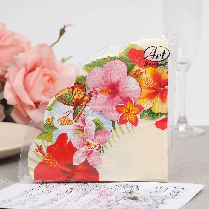 Салфетки бумажные "Art Bouquet" Тропические цветы, 3 слоя, 12 листов, d 32 - фотография № 1