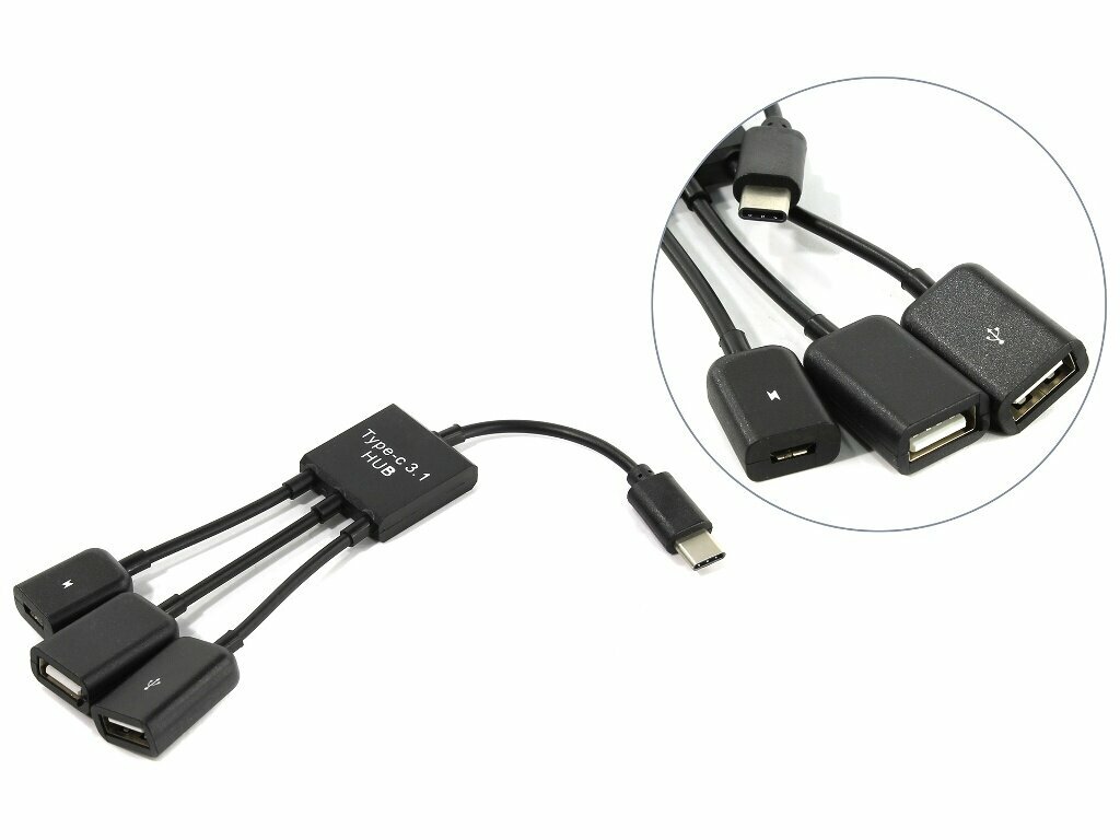 Адаптер USB хаб разветвитель OTG USB-C 3 в 1 (2 USB-A Micro-USB) KS-is