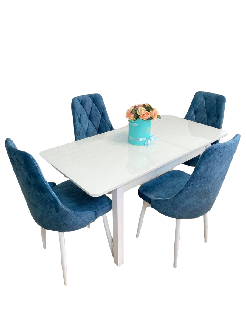 Обеденная группа стол и стулья для кухни NGVK Мега Белый стекло и 4 стула Кресло цвет Синий - фотография № 4