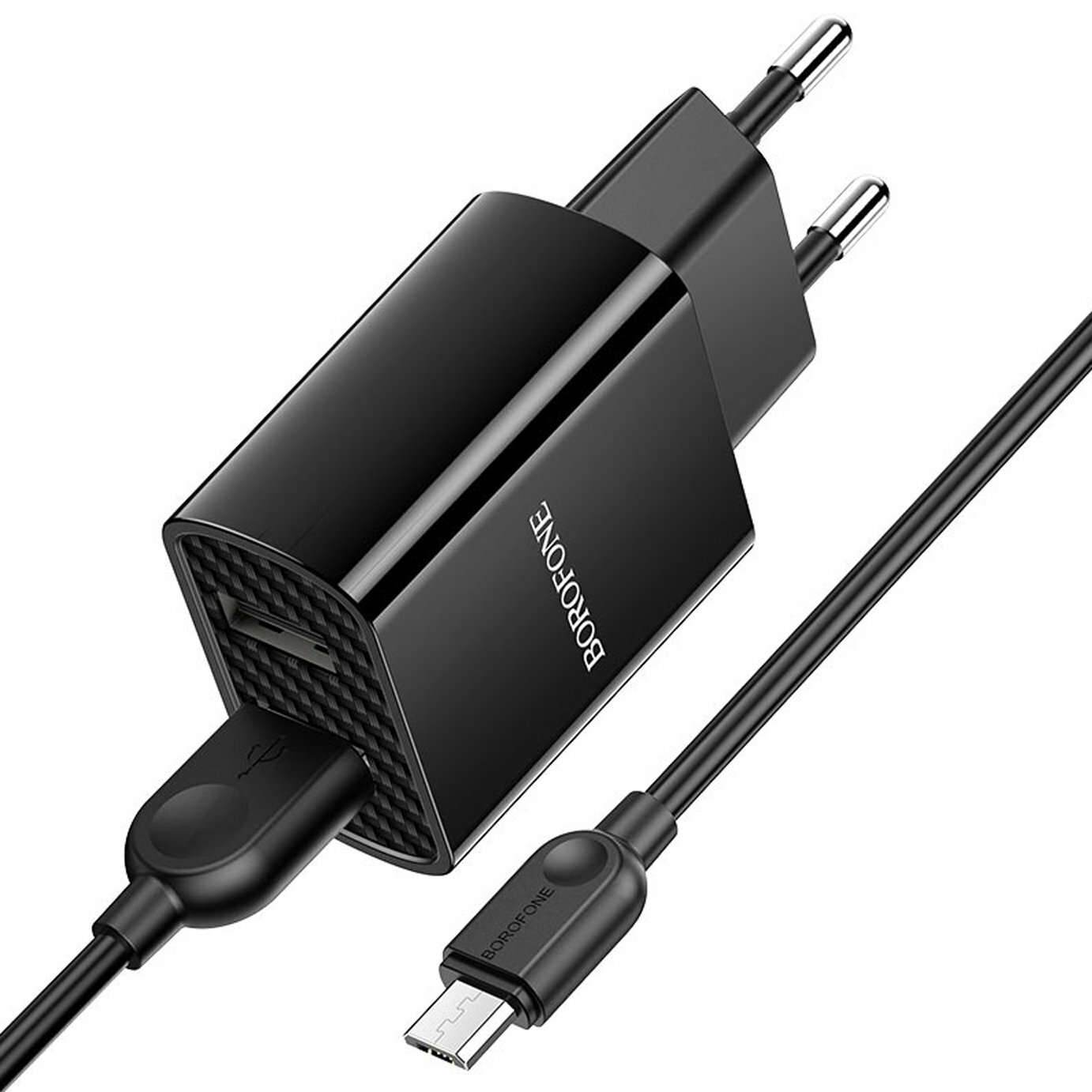 Сетевое зарядное устройство Borofone BA53A Powerway (2USB, 5V, 2.1A) + кабель microUSB (черное)