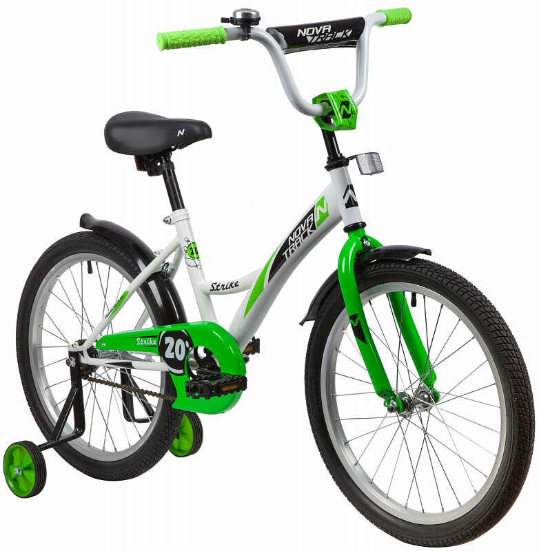 Детский велосипед Novatrack Strike 20 (2020) белый/зеленый в собранном виде