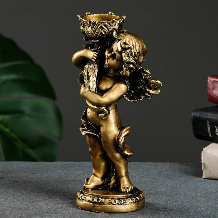 Подсвечник "Ангелочек" в правой руке, золото, 14х8х22 см, для свечи d=3,5 см - фотография № 4