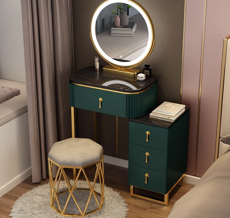 Небольшой туалетный столик с узкой тумбой и зеркалом с подсветкой (серый с черной столешницей 70 см + пуф + зеркало) - фотография № 12