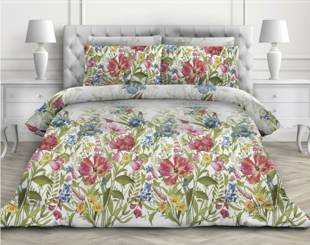 2 спальное постельное белье из поплина белое с полевыми цветами