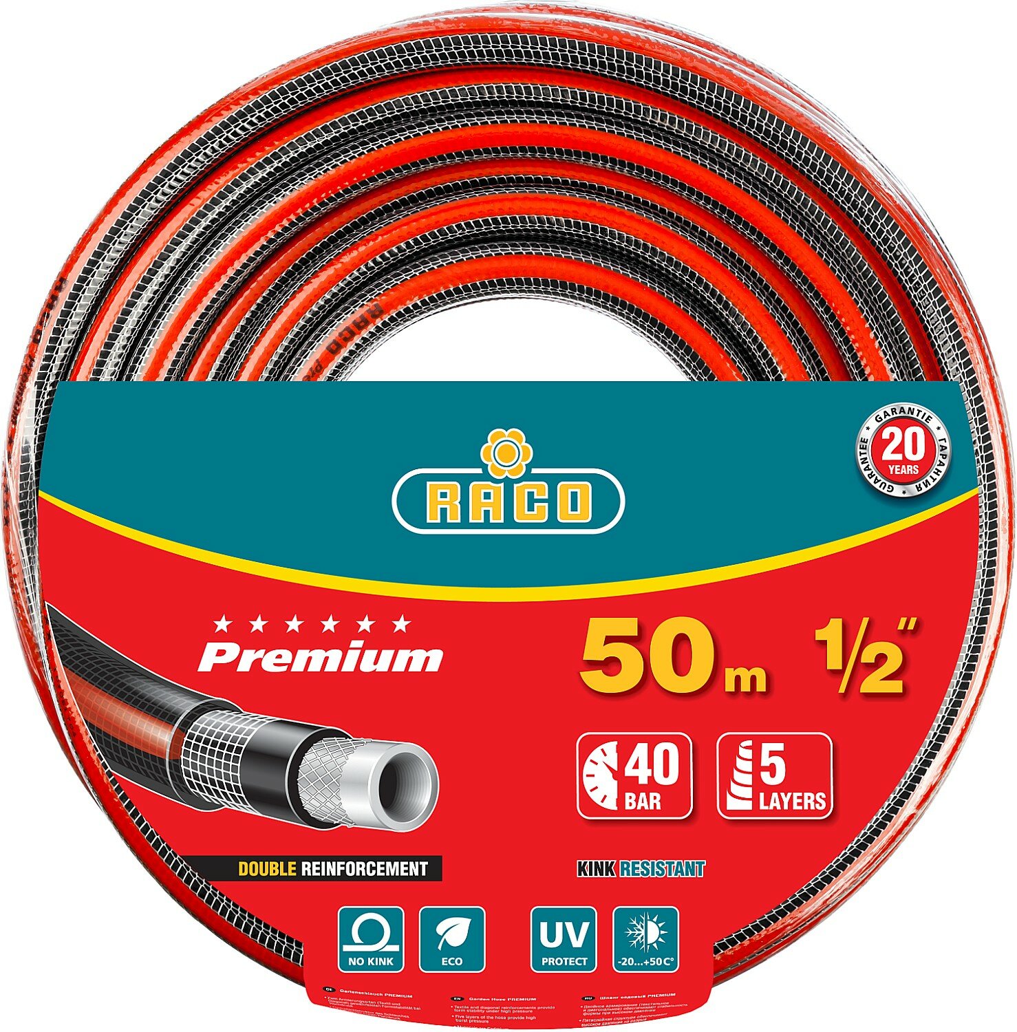 Поливочный шланг RACO PREMIUM 1/2″ 50 м 40 атм пятислойный усиленный двумя слоями армирования