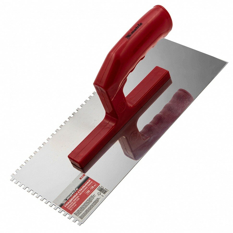 фото MATRIX333 Гладилка из нержавеющей стали, 280 х 130 мм, зеркальная полировка, пластмассовая ручка, зуб 4 х 4 мм Matrix ( 86780 )