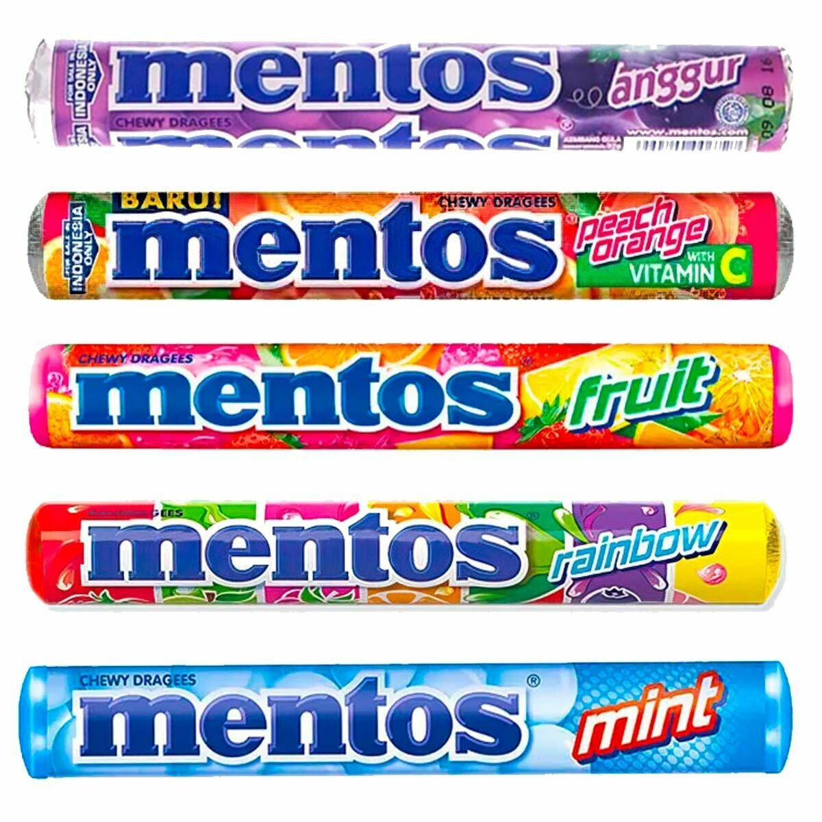 Жевательные конфеты Mentos Roll - микс набор 5 вкусов (Индонезия), 29 г (5 шт)