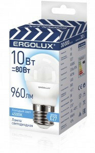 Светодиодная LED лампа Ergolux шар G45 E27 10W(960lm 220°) 4500K 4K матовая 84x46 пластик/алюм. LED-G45-10W-E27-4K (упаковка 10 штук)