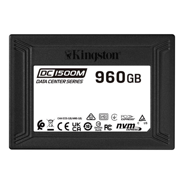 Твердотельный накопитель Kingston DC1500M, 960GB, SSD, U.2, NVMe, PCIe 3.0 x4, 3D TLC, R/W 3100/1700MB/s, IOPs 440 000/150 000, 1750TBW, DWPD 1 (5 лет)