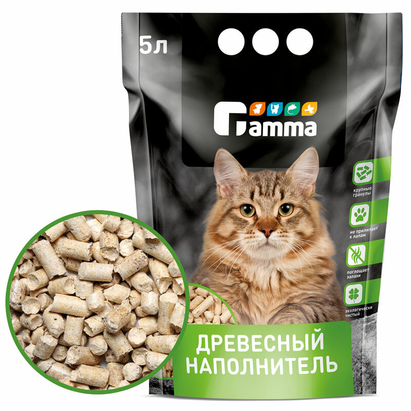 Наполнитель для кошачьих туалетов Gamma 5л, древесный впитывающий, крупные гранулы - фотография № 1