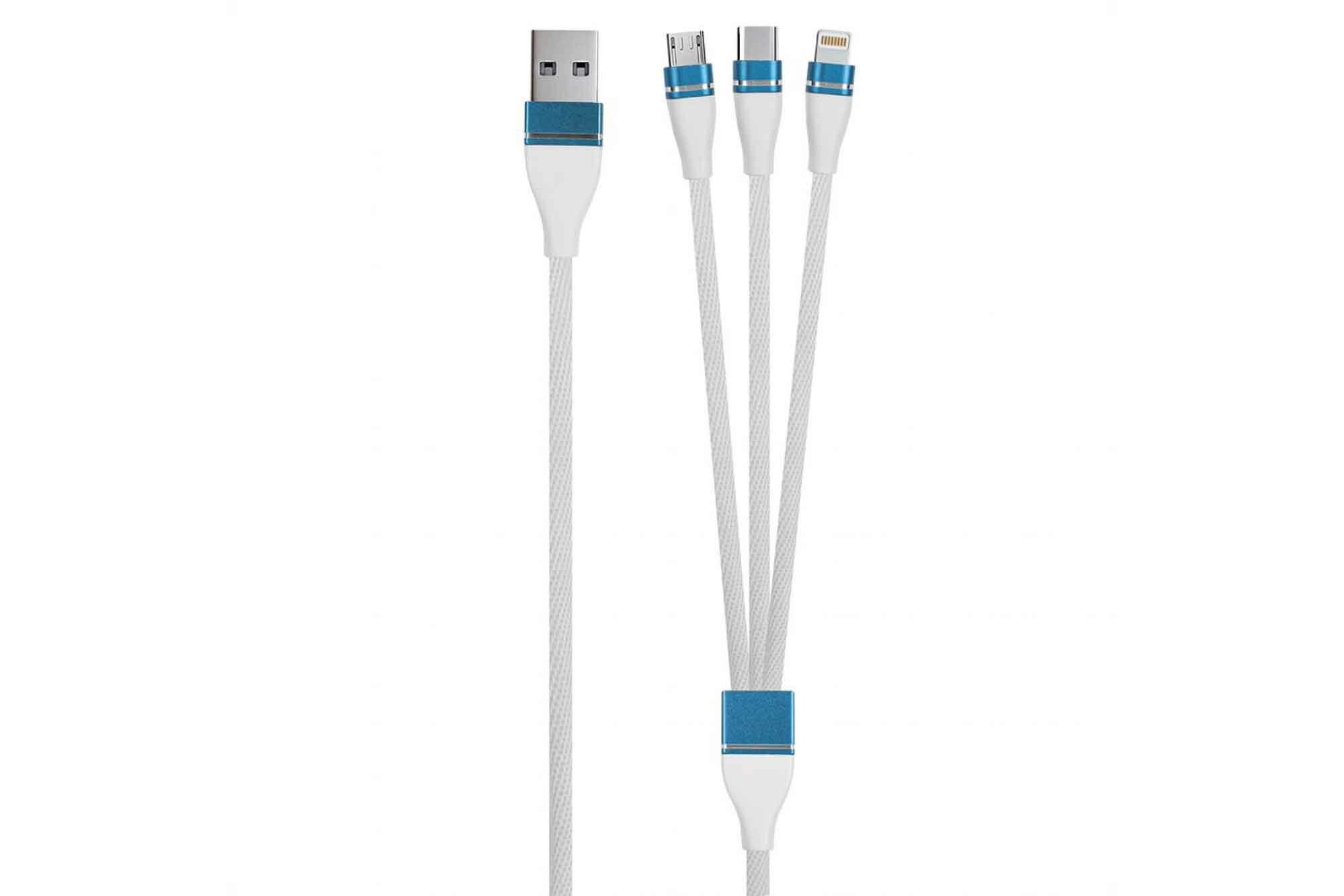 Дата-кабель Red Line 3в1, USB - microUSB+Lightning+Type-C, 2A, нейлон. оплетка, белый УТ000020994