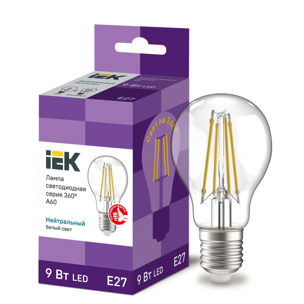 Светодиодная лампочка IEK A60 9Вт 230В 4000К E27 филамент. (16 шт.)
