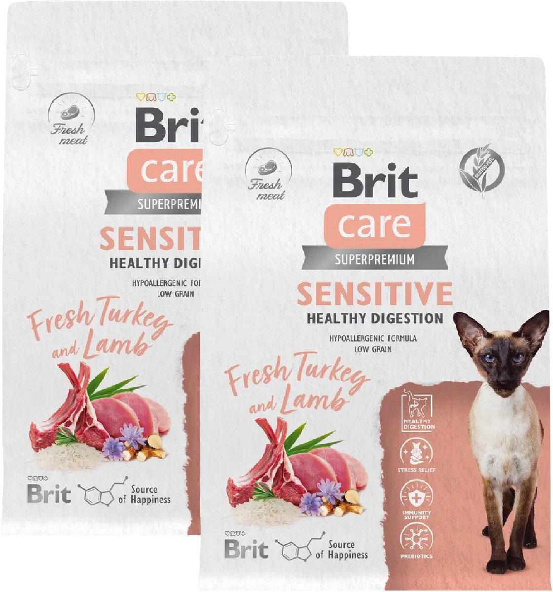 Сухой корм BRIT CARE CAT SENSITIVE HEALTHY DIGESTION для взрослых кошек с чувствительным пищеварением с индейкой и ягненком (04 + 04 кг)