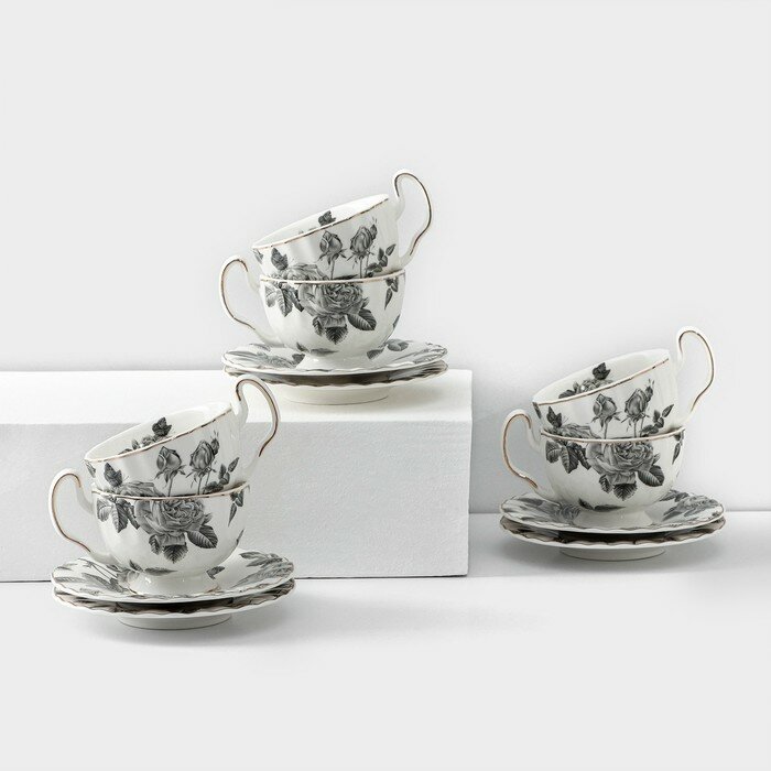 фото Сервиз фарфоровый чайный Black rose, 12 предметов: 6 кружек 220 мл, 6 блюдец d=15 см, цвет белый