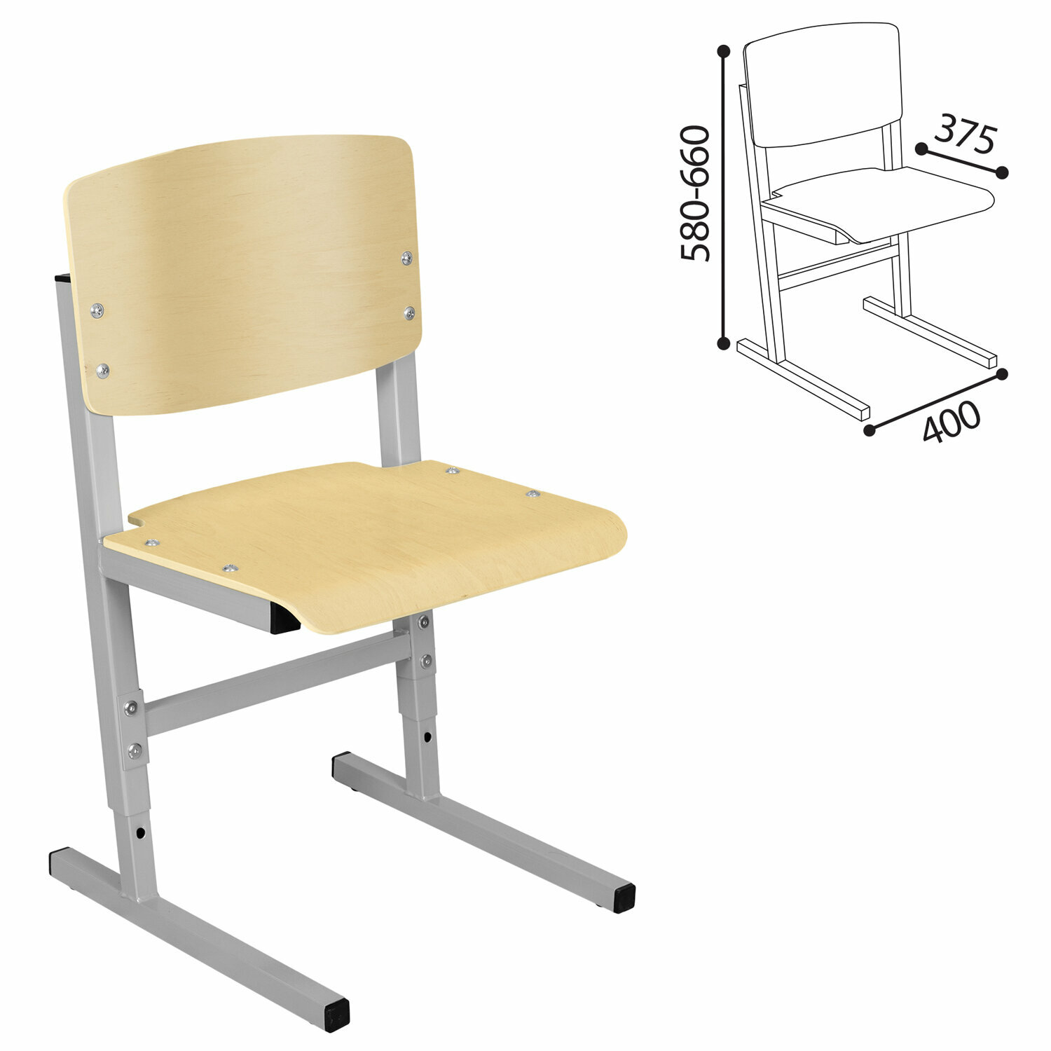Стул ученический регулируемый СУТ.05, 400х375х580-660 мм, рост 2-4, серый каркас, фанера лак - фотография № 3