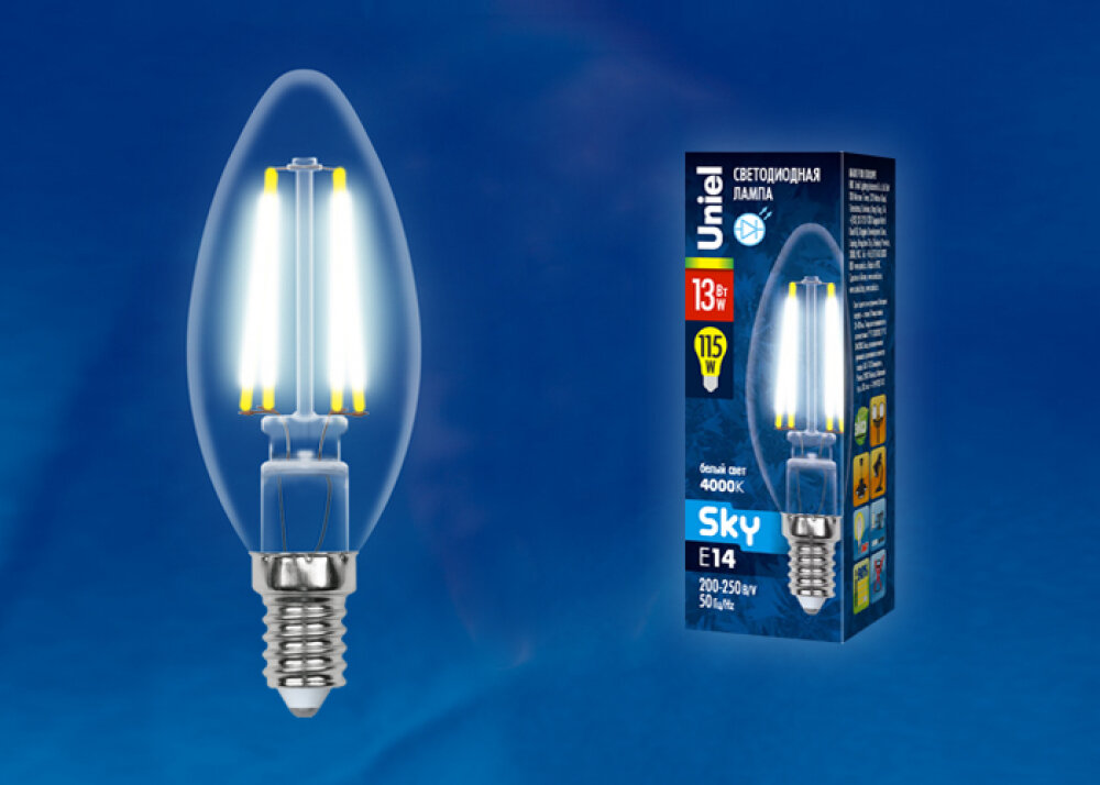 Uniel Лампа светодиодная свеча белый свет (UL-00005900) Е14 13W 4000K прозрачная LED-C35-13W/NW/E14/CL (10шт упаковка)