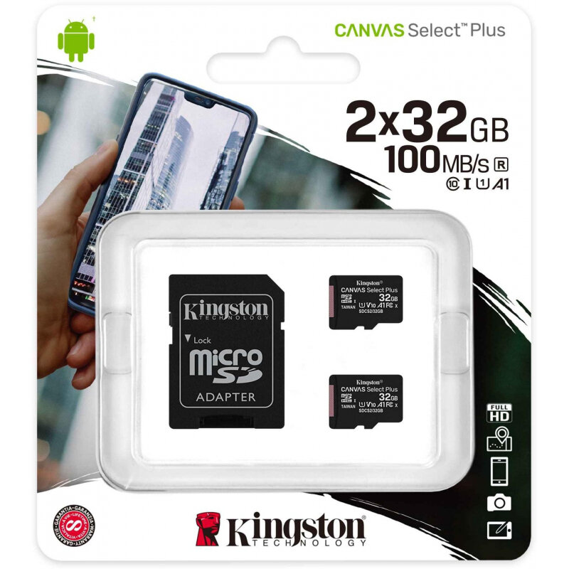 Карта памяти Kingston Canvas Select Plus SDCS2/32GB-2P1A (2 штуки в упаковке)