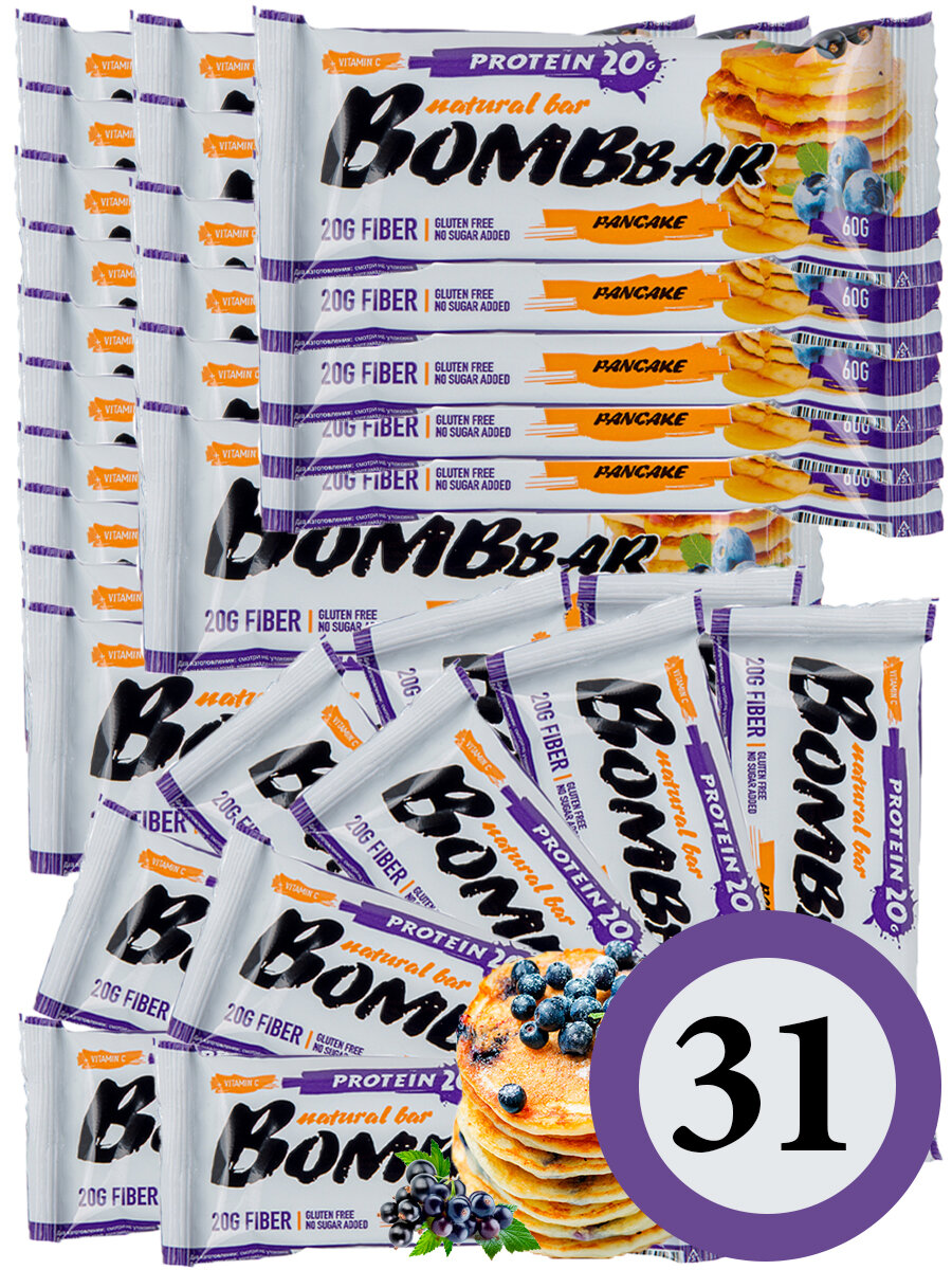 Протеиновый батончик Bombbar Protein Bar 31 x 60 г, Смородиново-черничный панкейк