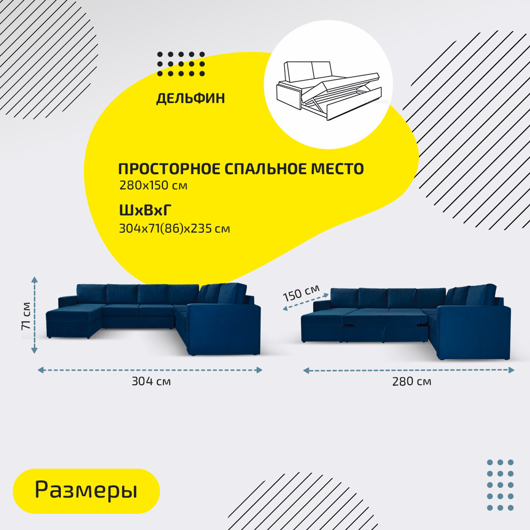 Диван угловой раскладной П-образный Кольдинг, 304х235х85, механизм дельфин, синий велюр - фотография № 2