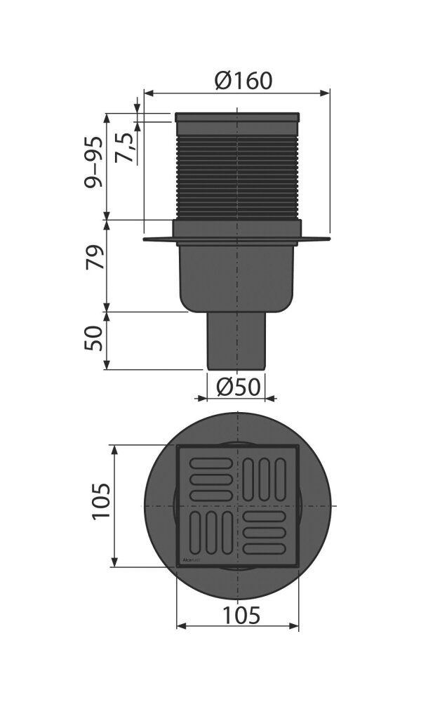Трап для душа Alcadrain, 105x105/50, прямой сток, гидрозатвор комбинированный Smart, решётка, чёрный матовый APV32BLACK - фотография № 2