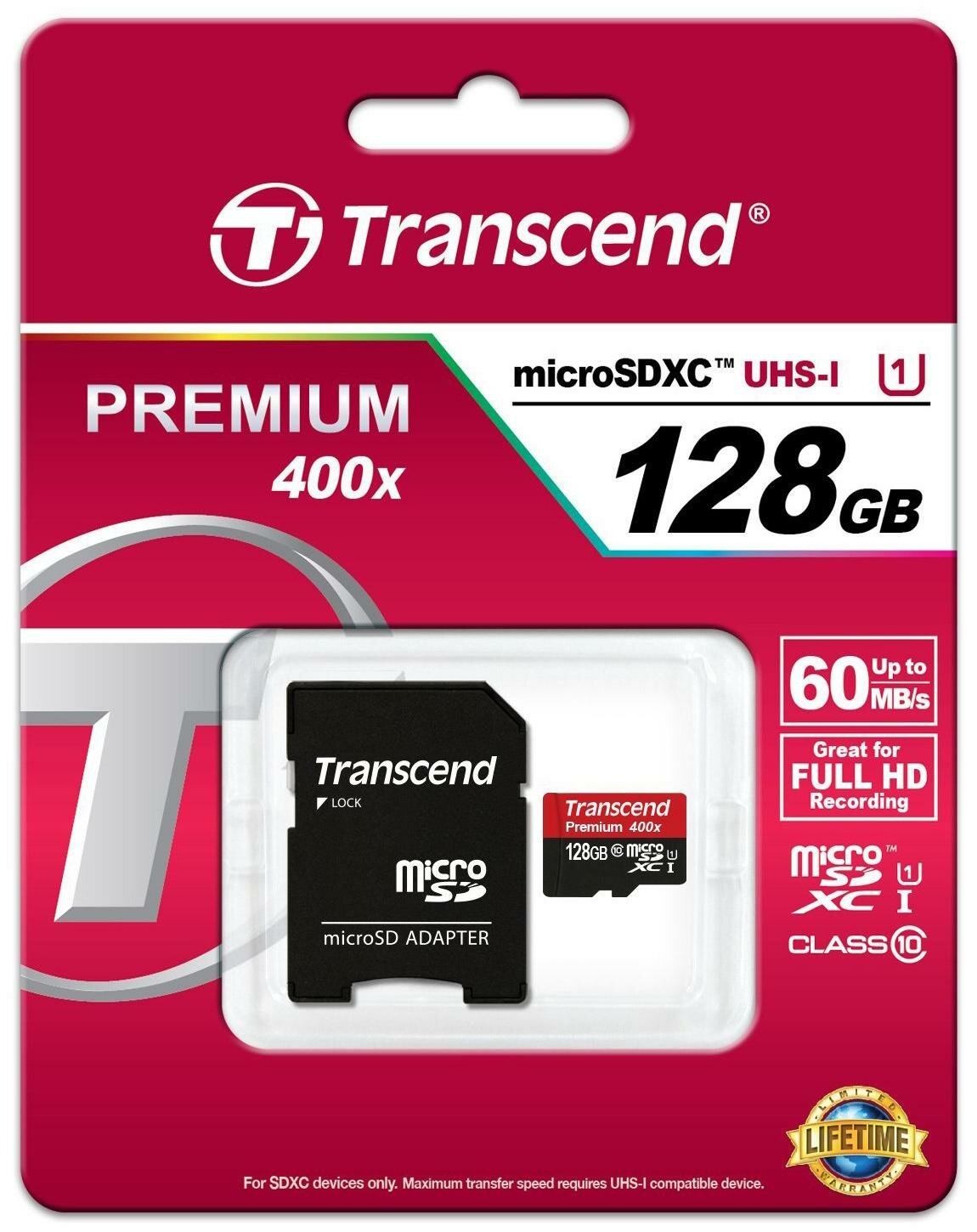 Карта памяти MicroSDXC 128GB Transcend UHS-I U1 + SD Adapter (TS128GUSDU1)