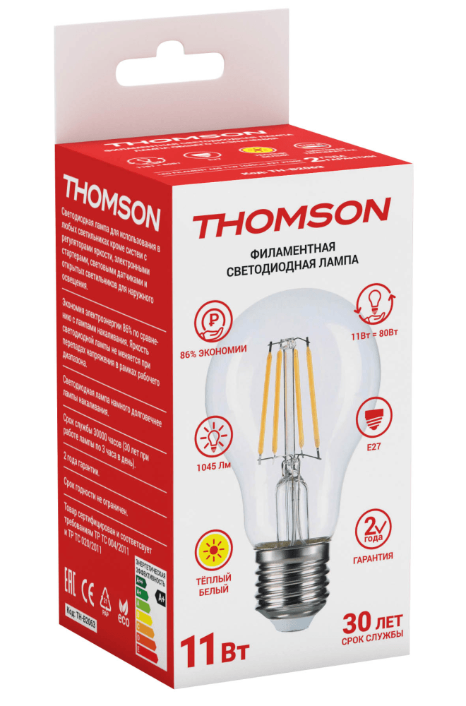THOMSON LED FILAMENT A60 11W 1045Lm E27 2700K TH-B2063 - фотография № 2