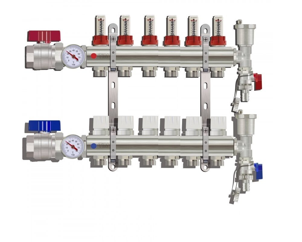 Коллектор для тёплого пола с расходомерами Tim на 6 выходов из латуни (Коллектор для тёплого пола с расходомерами)