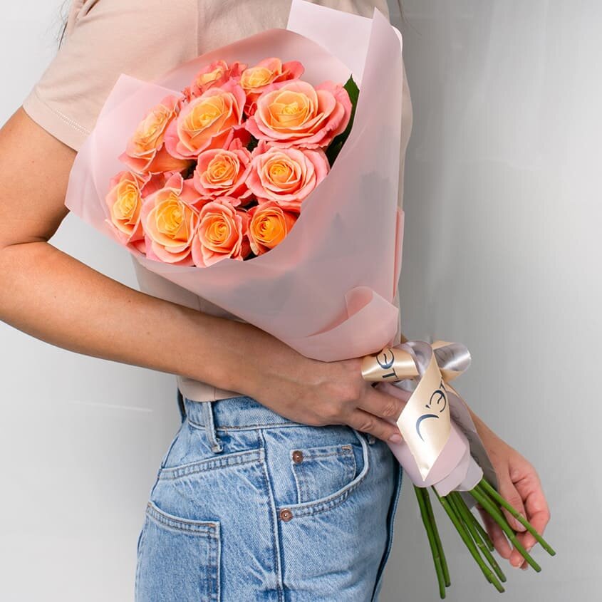 Цветы живые букет из персиковых роз 11 шт. 40 см.| Лэтуаль Flowers
