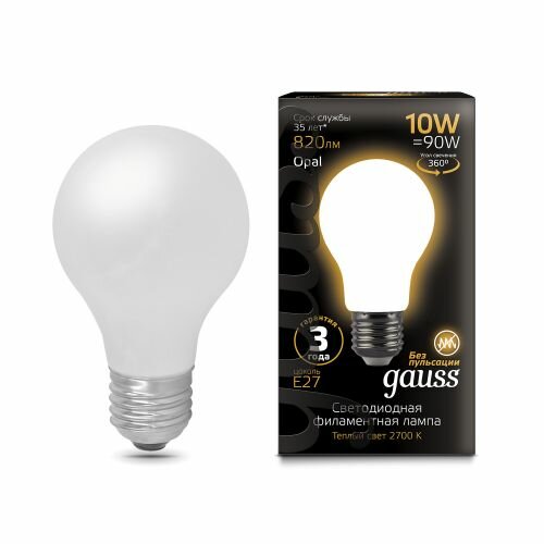 Светодиодная лампа GAUSS LED Filament A60 OPAL E27 10W 2700К 1/10/40