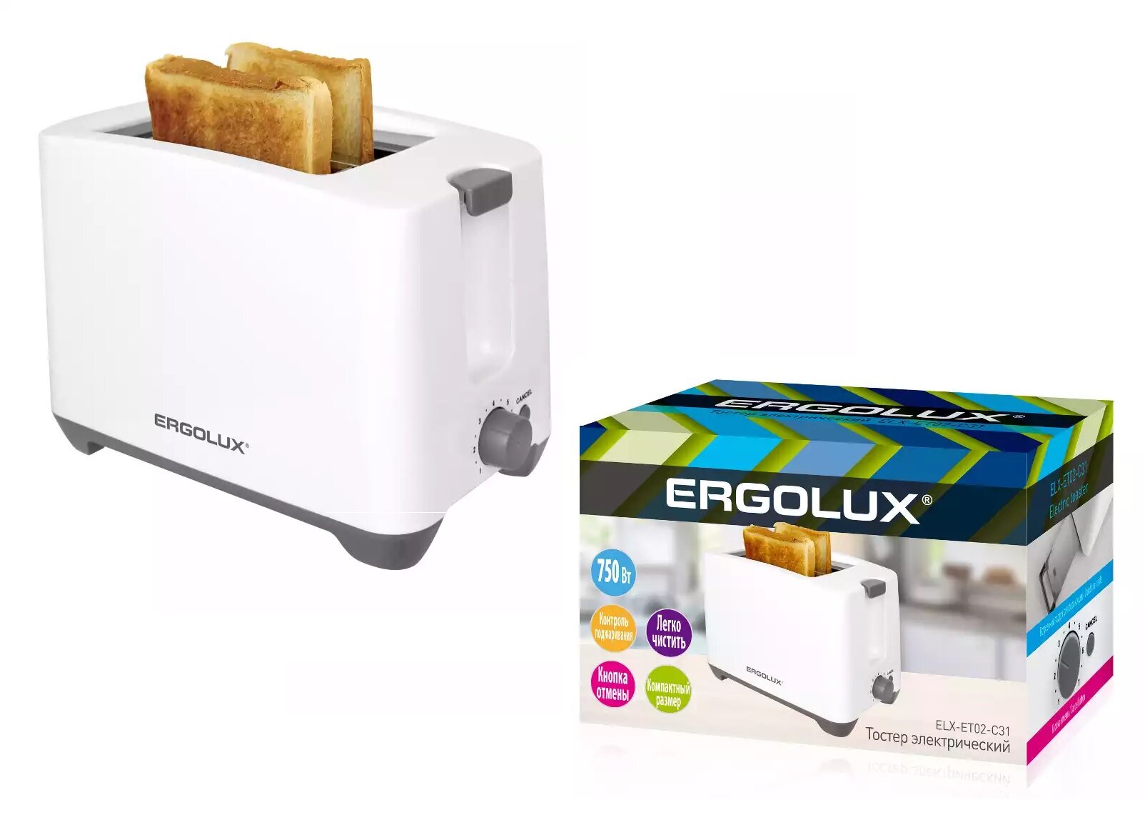 ERGOLUX ELX-EТ02-C31 бело-серый электрический тостер двойной корпус 220-240В, 750Вт 13971