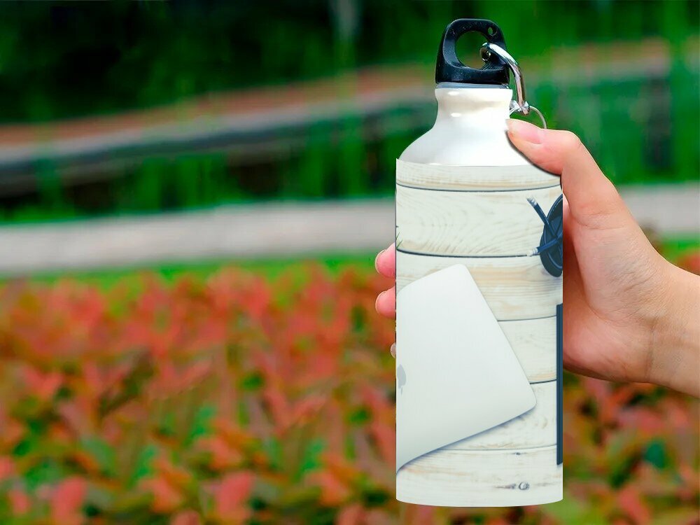 Бутылка фляга для воды "Ноутбук, плоская планировка, рабочее пространство" 750 мл. с карабином и принтом