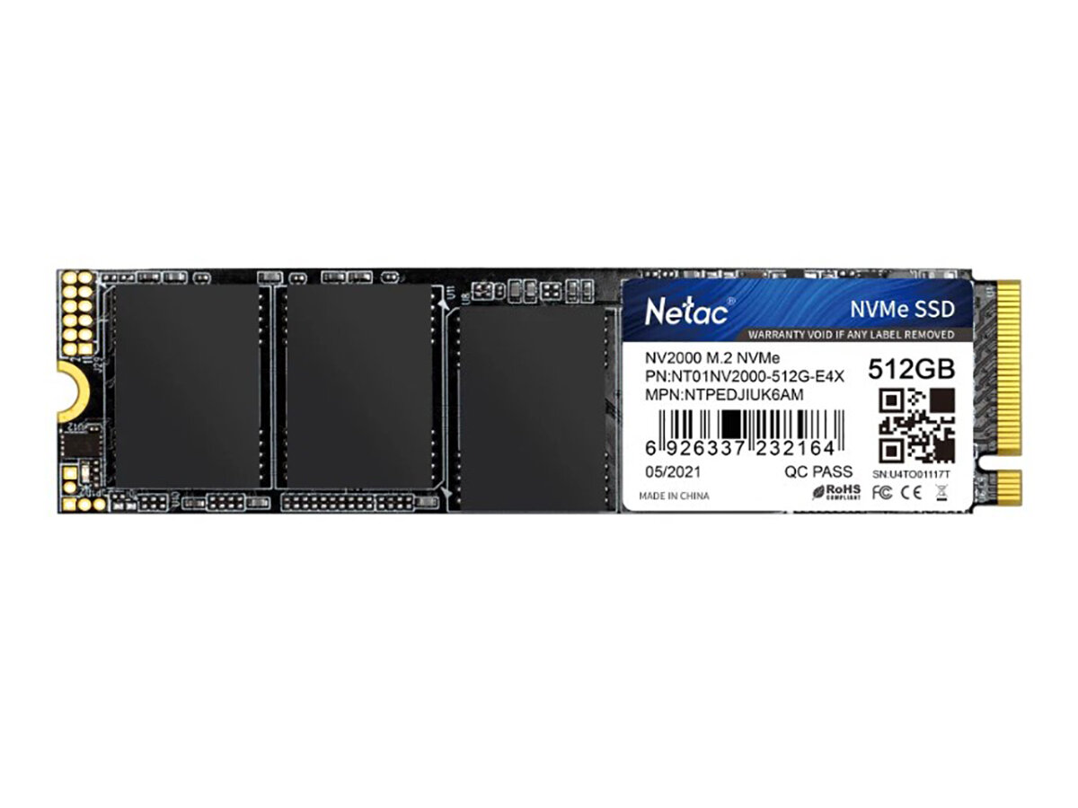 Внутренний SSD-накопитель Netac NV2000 512Gb, M.2 2280, PCIe Gen3 x4, 3D NAND, 300 TBW, Черный NT01NV2000-512-E4X
