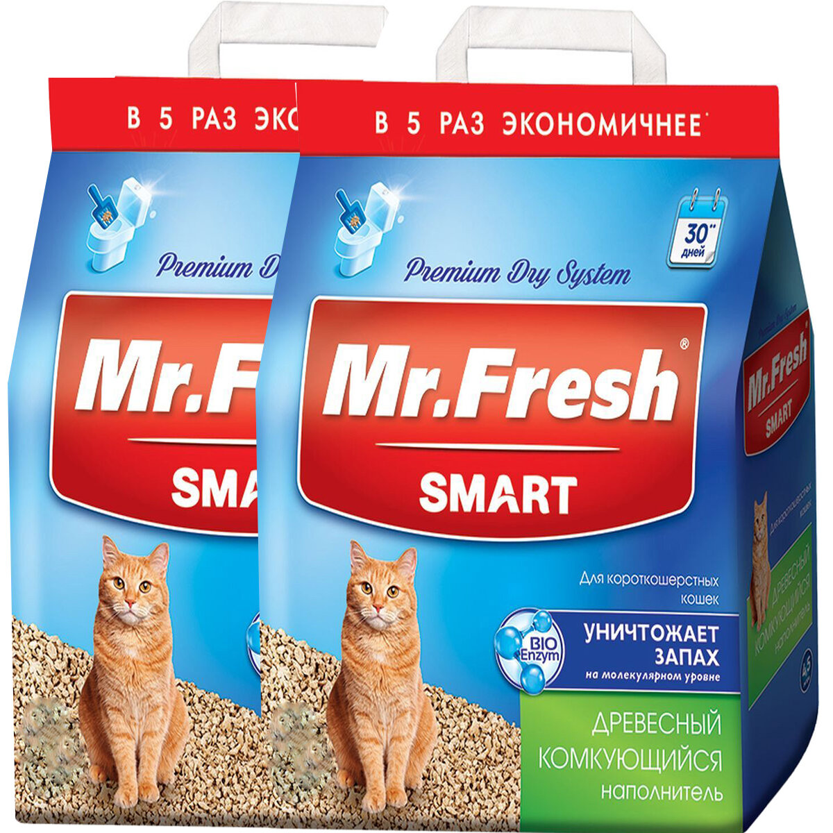 Наполнитель древесный комкующийся Mr. Fresh Smart для туалета короткошерстных кошек (18 + 18 л)