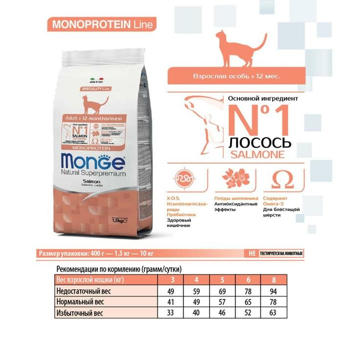 Сухой корм Monge Cat Speciality Line Monoprotein Adult для кошек, лосось, 1,5 кг - фотография № 5