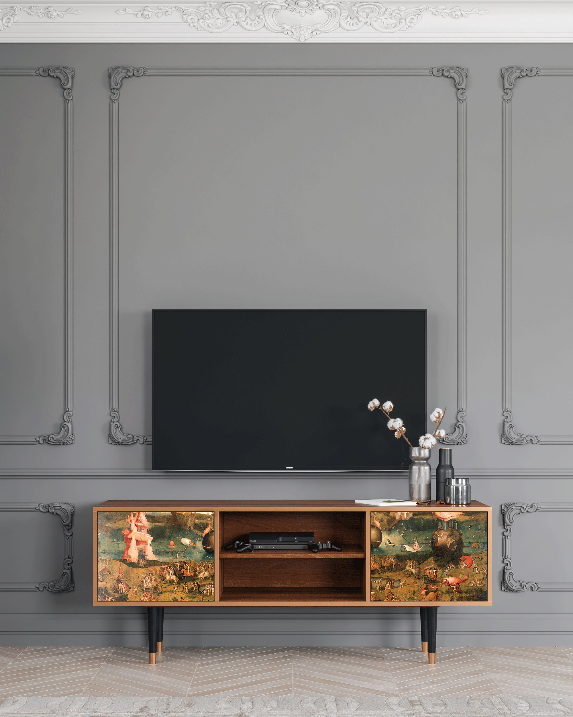 ТВ-Тумба - STORYZ - T2 Garden of Earthly Delights by Hieronymus Bosch, 170 x 69 x 48 см, Орех - фотография № 1