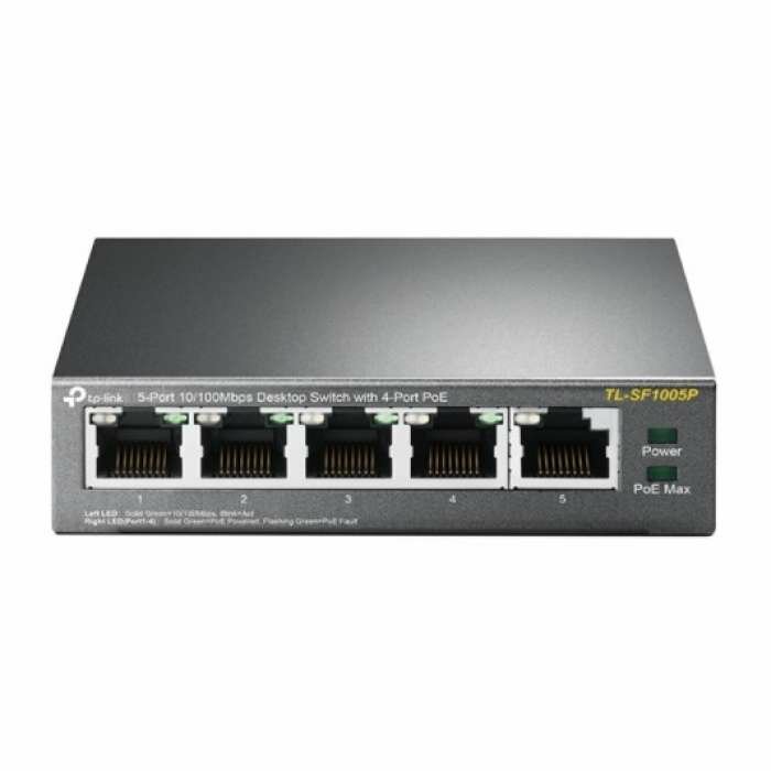 Неуправляемый коммутатор TP-LINK TL-SF1005P,компактный, 5-портовый коммутатор с поддержкой PoE на 4 портах (802.3af; бюджет до 58 Вт на все порты, до 15.4 Вт на каждый порт)