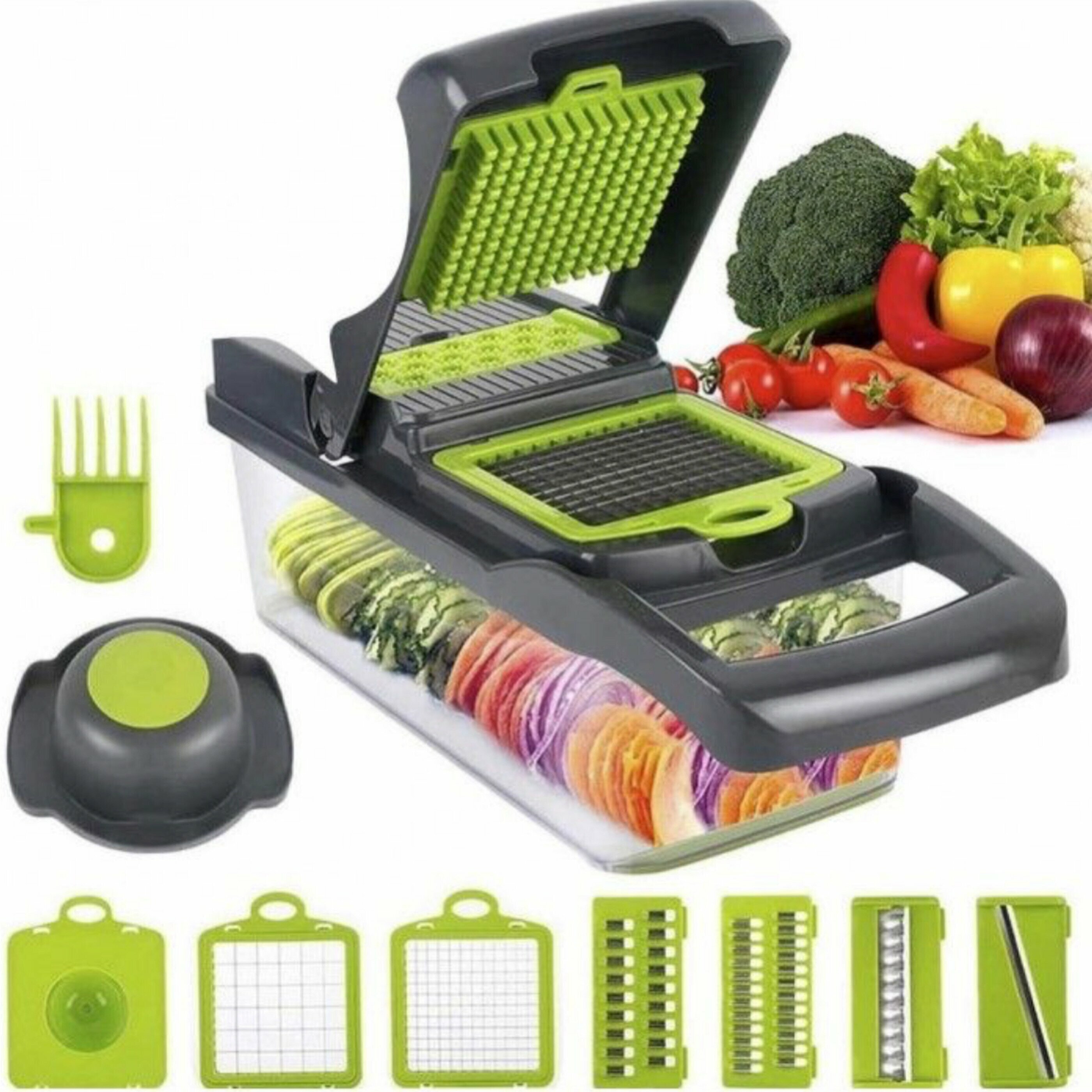 фото Универсальная и Многофункциональная Овощерезка 14 в 1 Измельчитель VIGGIE SLICER Терка комплект Контейнер Ситечко и нож для Очистки овощей