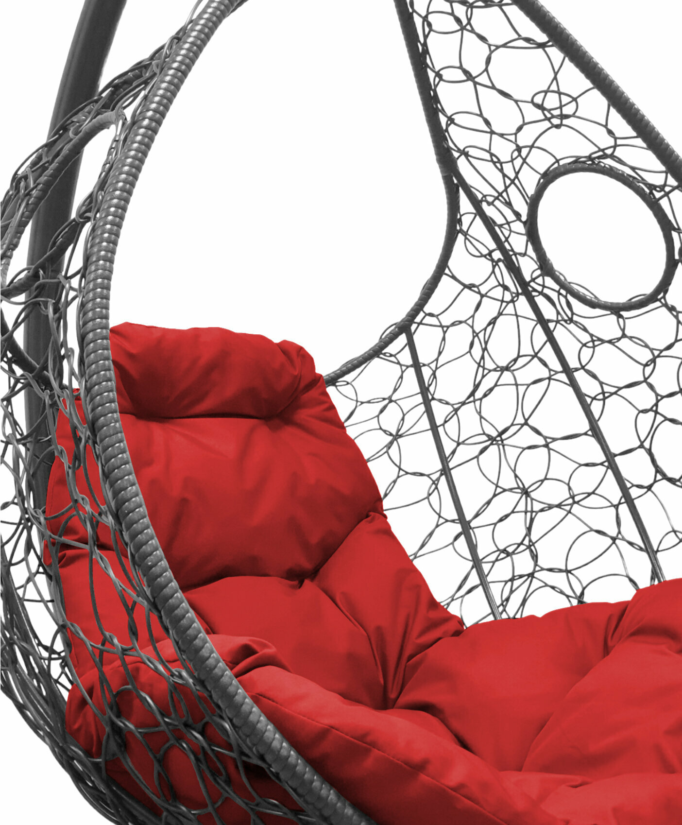 Подвесное кресло ротанг серое, красная подушка - фотография № 3