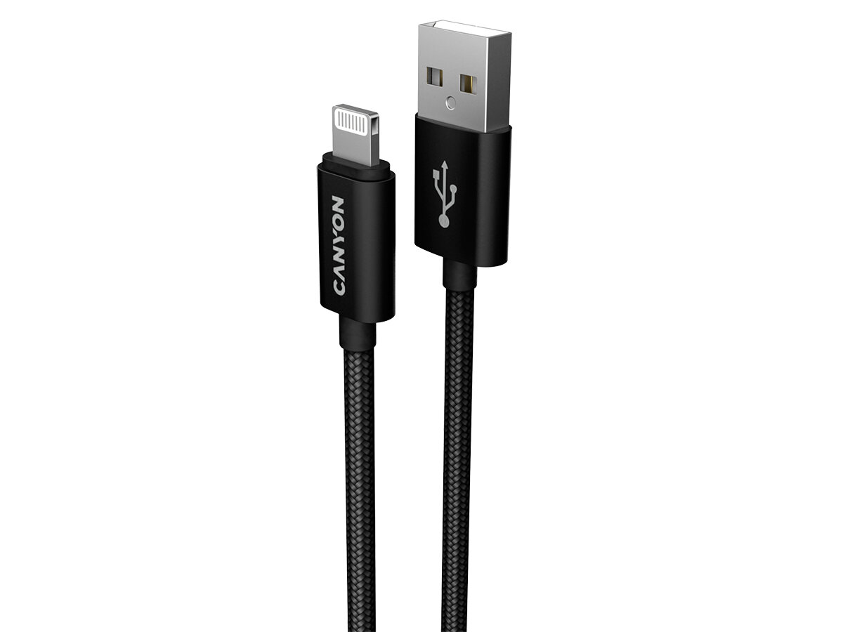 Кабель Canyon, USB 2.0 - Lightning, оплетка нейлон, MFI, 1м, Черный CNS-MFIC3B