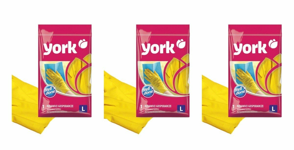 фото Перчатки резиновые York, суперплотные, с напылением из хлопка, жёлтые, 3 уп