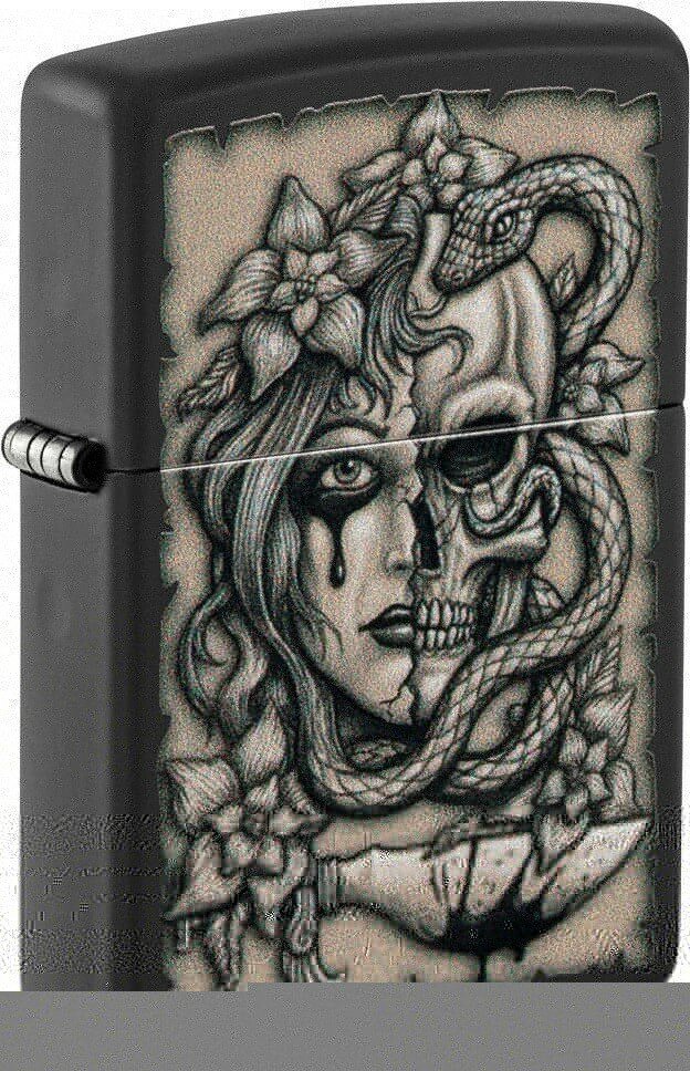 Зажигалка ZIPPO Gory Tattoo с покрытием Black Matte, латунь/сталь, черная, матовая, 38x13x57 мм - фотография № 1