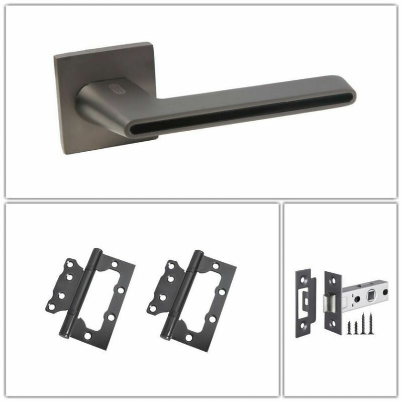 фото Комплект ручек для дверей Palidore А-530_GF_L6-45, графит (ручка + замок защелка + 2 петли без врезки)